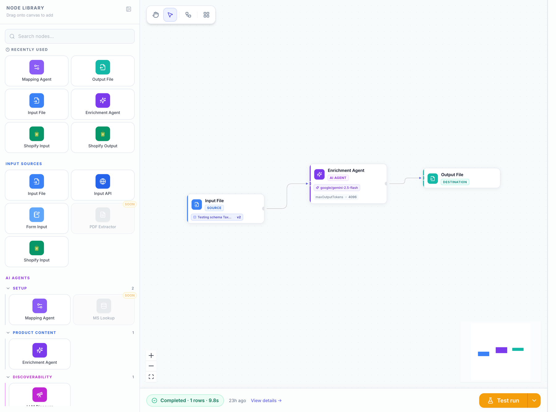 Workflow builder canvas with node library and pipeline